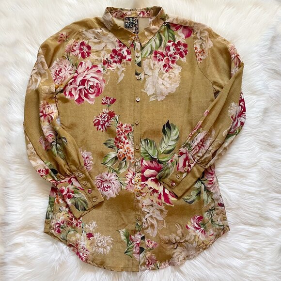 Johnny Was Mustard Yellow Vintage Rose Floral Yrene Silk Long Sleeve Blouse - Picture 2 of 7
